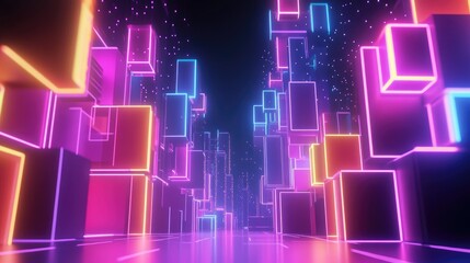 Futuristic digital landscape showcasing vibrant neon cubes and glowing pixels, creating an immersive atmosphere reminiscent of a sci-fi world.