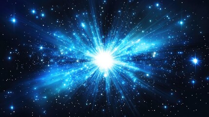 Fototapeta premium Vibrant cosmic blue light explosion radiates from a central point, surrounded by twinkling stars in a captivating abstract space background.