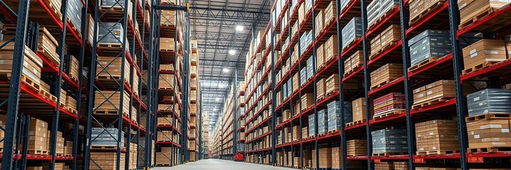 Obraz premium Automated stackers moving pallets on high racks, high-dense, automated, warehouse