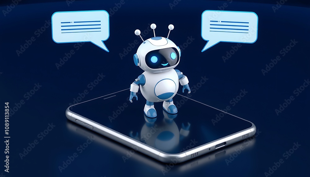 Poster digital illustration of friendly chatbot avatar with speech bubble on smartphone screen symbolizing 