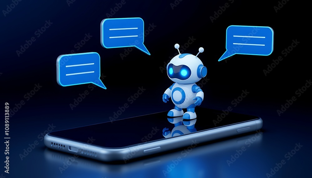 Poster digital illustration of friendly chatbot avatar with speech bubble on smartphone screen symbolizing 