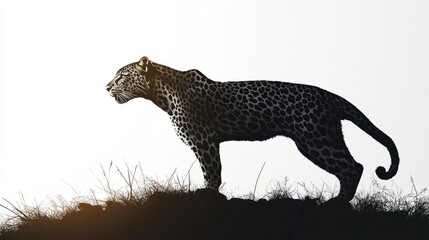 Fototapeta premium Leopard silhouette poised against a sunlit backdrop, highlighting its distinctive spots and fierce demeanor with ample copy space for text.