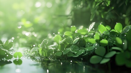 Lush green clover glistening with dew in a serene natural setting, showcasing the vibrant essence of spring and thriving flora.