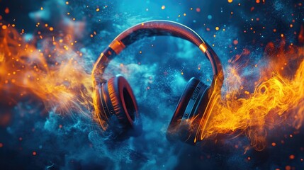 Vibrant wireless headphones amidst swirling blue and orange mist representing dynamic sound waves and an engaging auditory experience with artistic flair