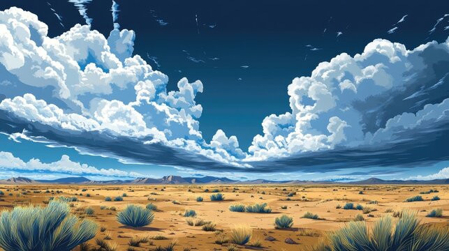 Dramatic storm clouds rolling over a vast desert landscape with scattered vegetation and distant mountains under a vibrant blue sky.