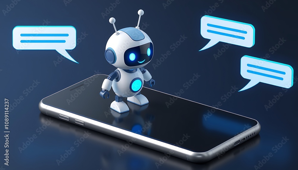 Poster digital illustration of friendly chatbot avatar with speech bubble on smartphone screen symbolizing 