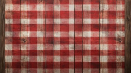 Red checkered tablecloth on rustic wooden background ideal for enhancing farmhouse-style kitchen decor and creating a warm, inviting atmosphere