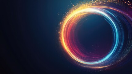 Obraz premium Vibrant circular digital portal in blue and orange hues, showcasing dynamic light trails and a mesmerizing glow against a dark background.