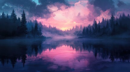 Fototapeta premium Tranquil dawn lake scene enveloped in mist with vibrant clouds and dark forests reflecting on still water, creating a picturesque natural landscape.