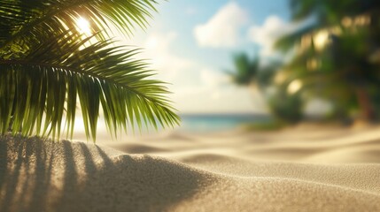 Sandy beach scene with soft focus on palm fronds gently swaying, sunlit background highlighting lush greenery and tranquil ocean view.