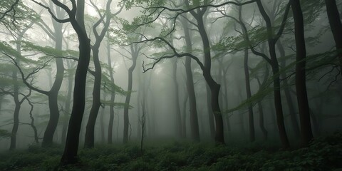 Obraz premium Mysterious forest glade under misty canopy, green light, overgrown vegetation