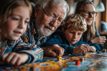 A grandfather plays a board game with his three grandchildren, fostering laughter and connection in a warm and inviting living room