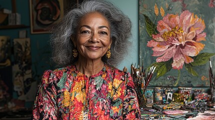 Artistic Woman Smiling in Colorful Studio Setting