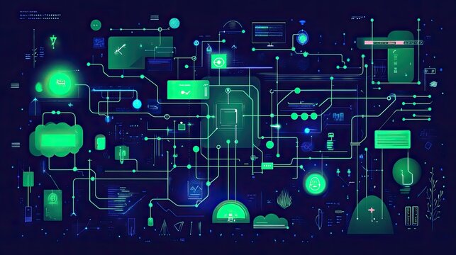 Flat design network flowchart for AI ecosystems, connecting algorithms, processors, and data pools in vibrant greens and blues 