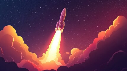 Fototapeta premium Rocket launching against a starry sky with vibrant colorful clouds and trails of flames, symbolizing innovation and new business ventures in space exploration.