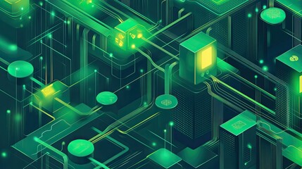 Obraz premium Flat design network flowchart for AI ecosystems, connecting algorithms, processors, and data pools in vibrant greens and blues 