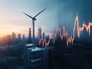 A modern urban landscape featuring a wind turbine and stock market trends, symbolizing sustainability and economic growth. Energy stock investment concept.