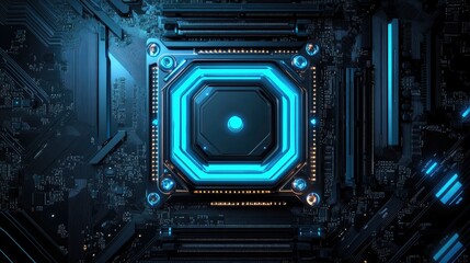 Fototapeta premium Futuristic abstract black backdrop showcasing a glowing neon blue motherboard with intricate textures and a central octagonal pattern.