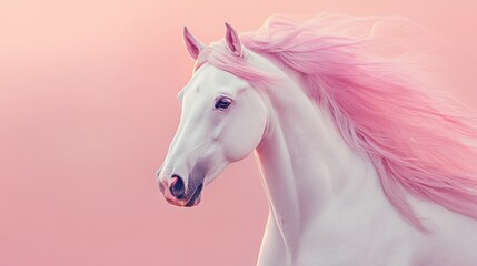 Obraz premium Elegant white horse with a flowing pink mane set against a soft pastel pink background, exuding a serene and whimsical atmosphere.