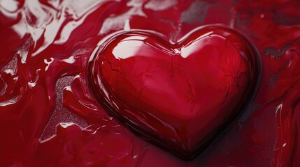 Glossy red heart against a swirled crimson backdrop ideal for romantic events and celebrations, showcasing vibrant color and texture.