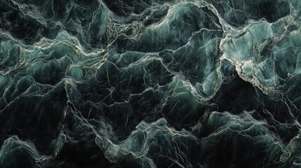 Acrylic fluid art showcasing a black marble backdrop adorned with deep green waves, creating a mesmerizing abstract design and rich texture.