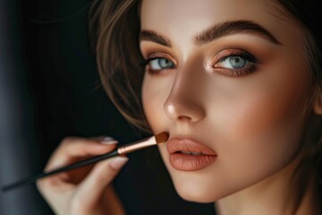 Obraz premium Model applying makeup with precision in a softly lit room during a beauty routine