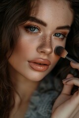 Obraz premium A young woman applies makeup with a brush, showcasing her striking blue eyes and flawless skin in soft natural lighting