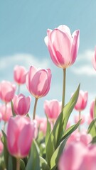 Fototapeta premium Pink Tulips Blooming in a Sunlit Field Against a Clear Blue Sky, Vibrant Floral Photograph phone wallpaper