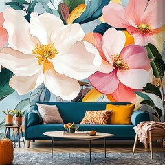 A Teal Sofa With Floral Wall Art And A Striped Rug