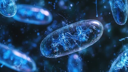 Microscopic view of vibrant DNA and protein micro particles showcasing cell structures like mitochondria, fats, and acids for biological health research.
