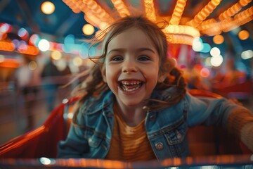 Obraz premium A young girl with a big smile experiences excitement on a carnival ride, surrounded by dazzling lights and lively colors. The joyful atmosphere captures the essence of childhood fun at a fair