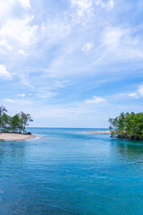 Summer sea with Palm trees,Blue sky white clouds background