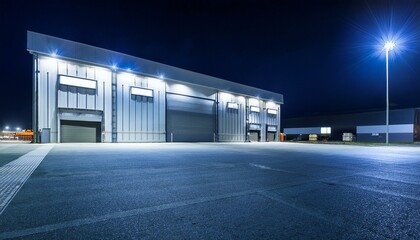 Obraz premium Industrial Glow: A Wide Angle View of a Modern Warehouse at Night