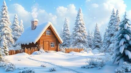 Fototapeta premium Charming wooden cottage nestled in a serene snow-covered forest landscape, with tall evergreen trees and a gentle winter sky.