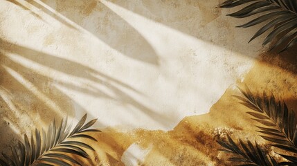 Vintage brand identity poster with earthy textures, flowing layers, and palm leaves creating a warm, inviting atmosphere with subtle shadows.
