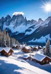vibrant winter adventure landscape featuring picturesque snow capped glimmering thrilling ski cozy sparkling winter scenery, cabin, cold, destination
