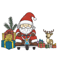 Vector illustration of Santa Claus driving a scooter.Cute hand drawn cartoon illustration on white background