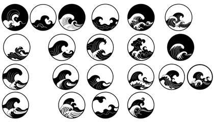 circular frames, each containing a stylized depiction of clouds or waves in a traditional Chinese or East Asian aesthetic. The designs are rendered in solid black against a white background.