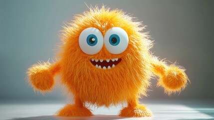 Fototapeta premium 3D furry orange monster cartoon character with large expressive eyes, a wide toothy grin, and a fluffy textured appearance, inviting and playful design.