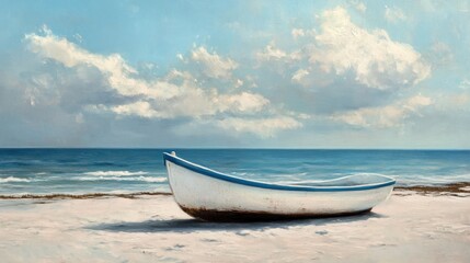 Naklejka premium Serene Beachfront Scene Featuring a White Boat with Blue Stripe Resting on Soft Sand Under a Bright Sky with Fluffy Clouds and Calm Ocean Waves