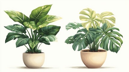 Obraz premium Illustration showcasing lush philodendron and monstera plants in elegant pots, featuring vibrant green leaves and detailed textures.
