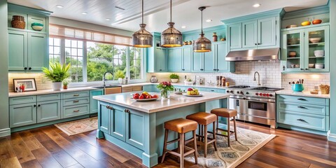 Bright Kitchen with Light Blue Cabinetry: A Cozy and Inviting Space for Culinary Creativity and Family Gatherings, Featuring Modern Appliances and Ample Natural Light