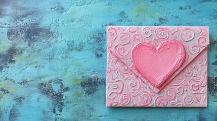 Pink heart-shaped envelope with intricate swirls set against a textured blue background, perfect for romantic Valentine's Day messages or love notes.