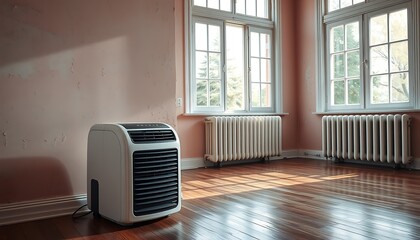 Flooded Kitchen with Water Damage and Dehumidifier Symbolizing Water Extraction and Mitigation