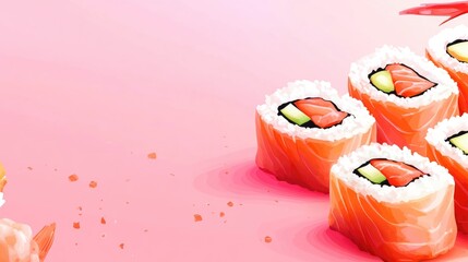 Sushi rolls with salmon and avocado arranged on a soft pink backdrop, providing ample space for text, ideal for Japanese cuisine promotions and banner designs.