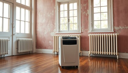 Flooded Kitchen with Water Damage and Dehumidifier Symbolizing Water Extraction and Mitigation