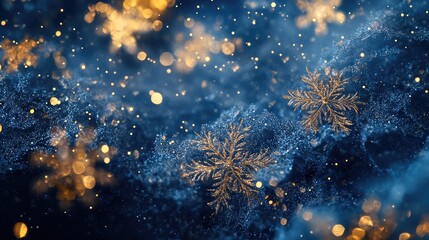 Navy blue celebration design adorned with intricate golden snowflakes and sparkling accents, creating a festive winter atmosphere.