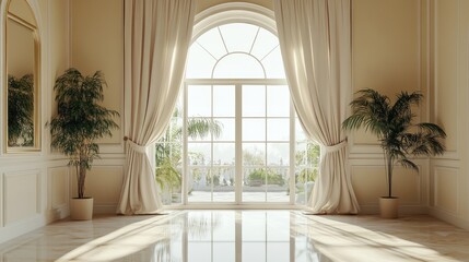 Fototapeta premium Elegant villa interior with an arched window, tall curtains, and a mirror, featuring creamy tones and lush greenery for a serene ambiance.