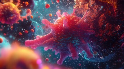 Fototapeta premium Intricate visualization of a cancer cell surrounded by colorful spores, capturing the complexity and severity of oncological diseases.