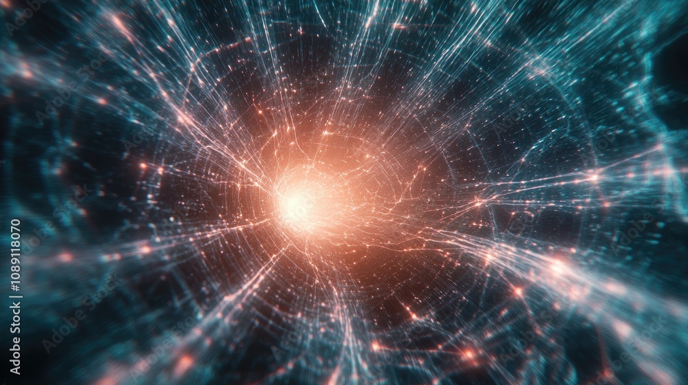Poster glowing network of interconnected lines creating an abstract scientific background with vibrant oran